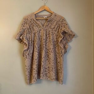 Bibi Textured Ruffled Lace Blouse V-Neck Button Up Top Bohemian Festival Size XL